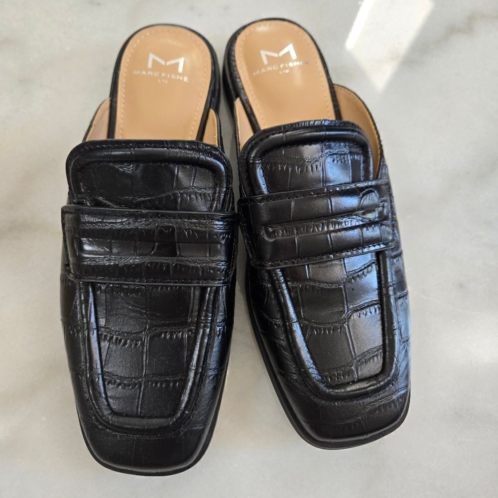Marc Fisher Flyta Croc Embossed Leather Loafer Mule Backless Slip On Square Toe